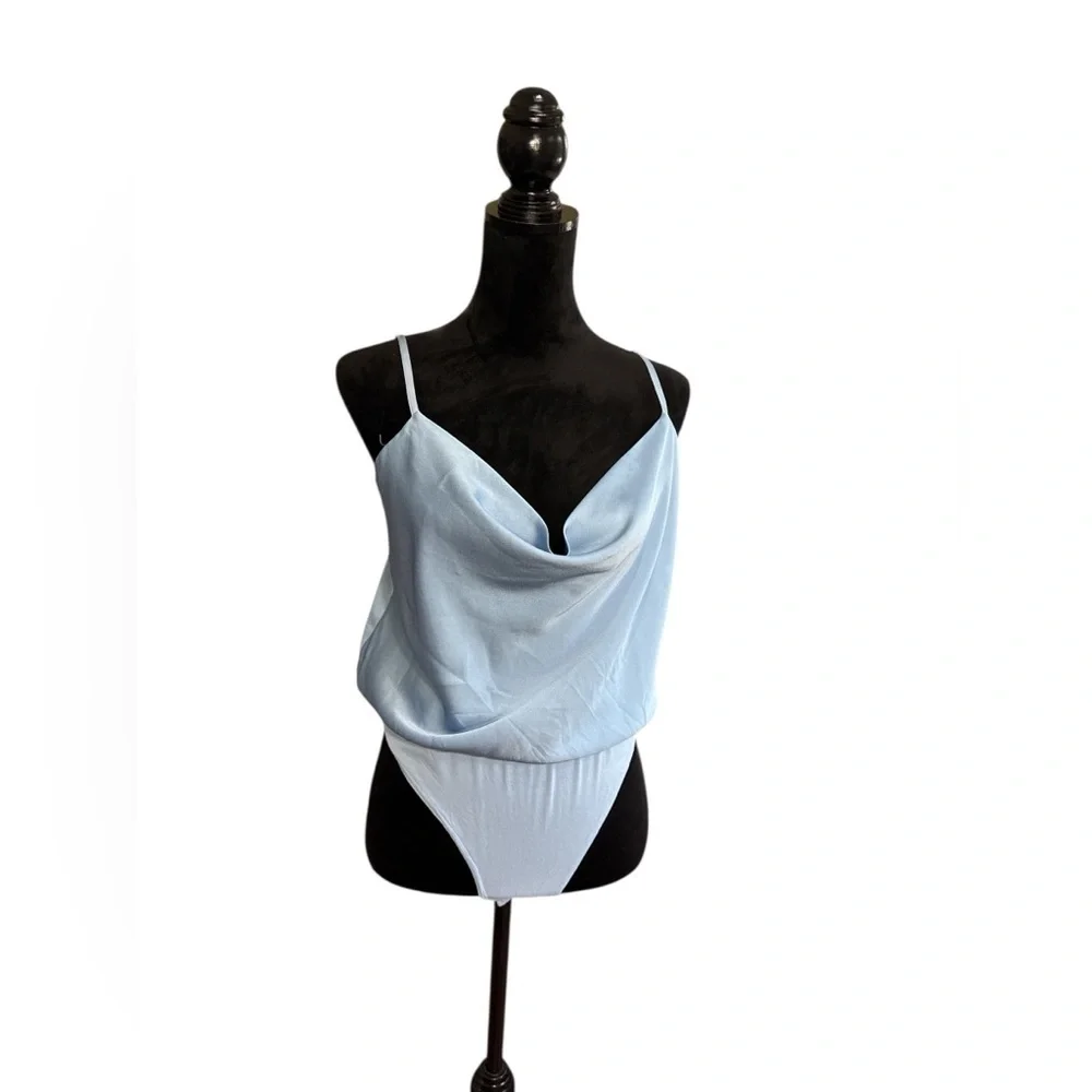 She + Sky Light Blue Draped Cowl Neck Bodysuit Size L New - Picture 2 of 7